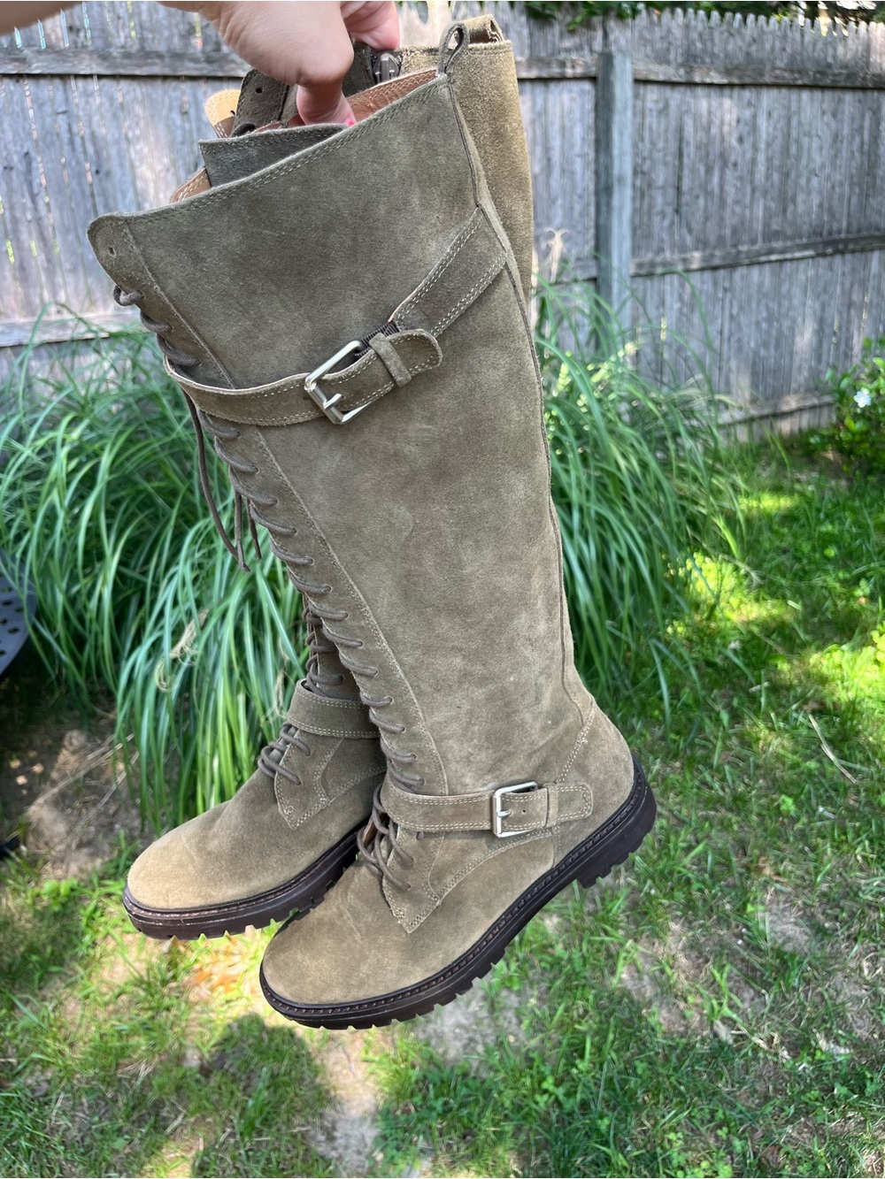Lucky Brand Inniko Boots 8 Green Suede Lace Up Tall Buckle Moto Grunge Combat - Picture 5 of 16